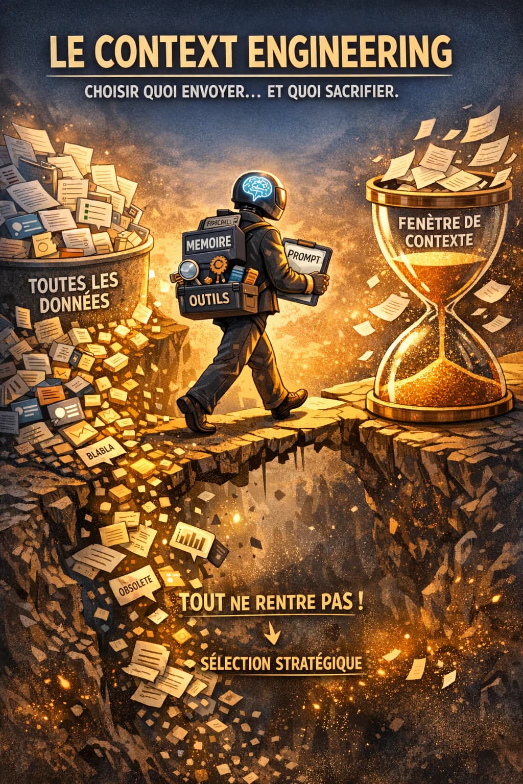 Poster, in French: an engineer carrying prompt, memory and tools walks towards an hourglass labelled «context window», while documents fall into the void under the words «strategic selection».
