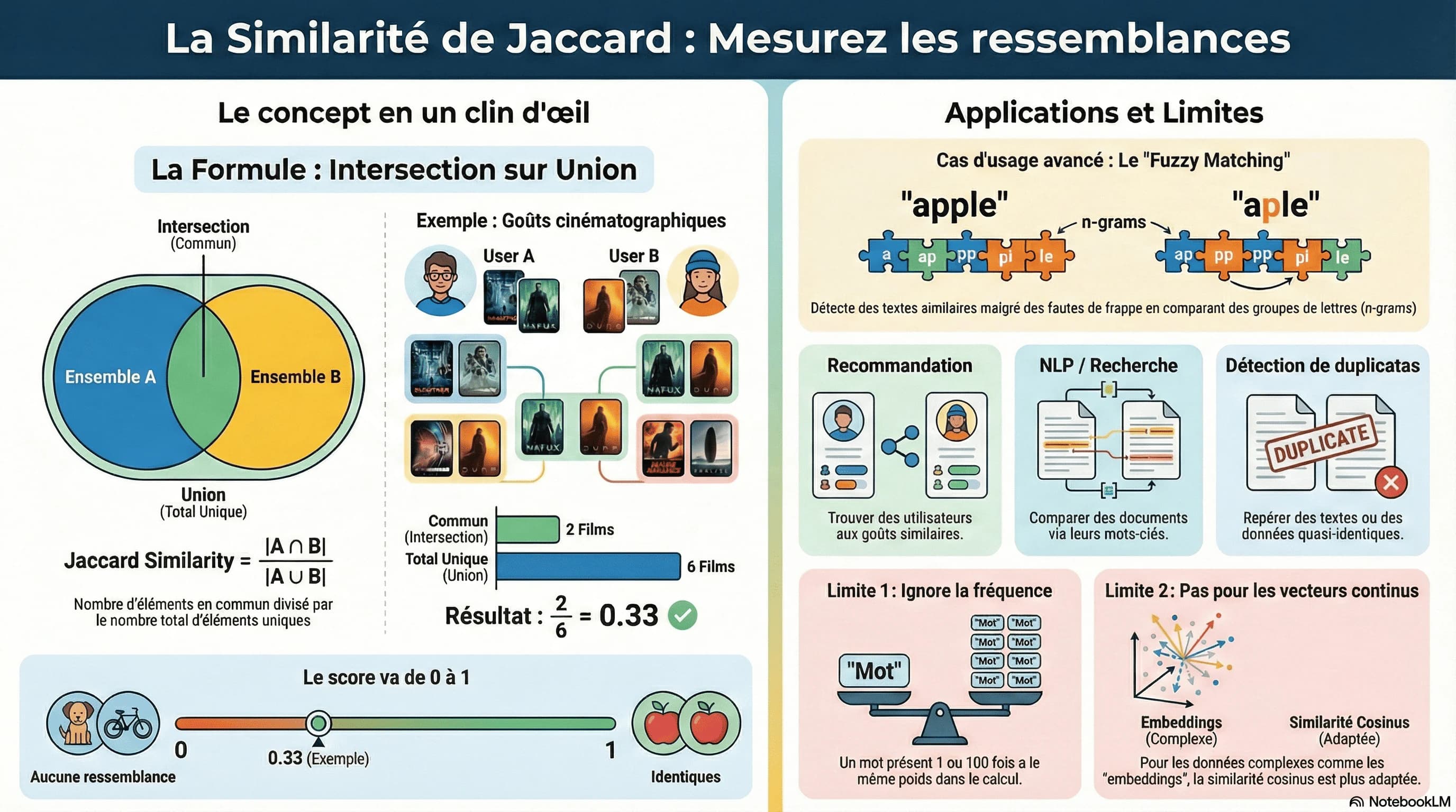 Infographie : la formule de Jaccard illustrée par un diagramme de Venn, l'exemple des goûts cinéma aboutissant à 0,33, les domaines d'application et les deux limites de la métrique.