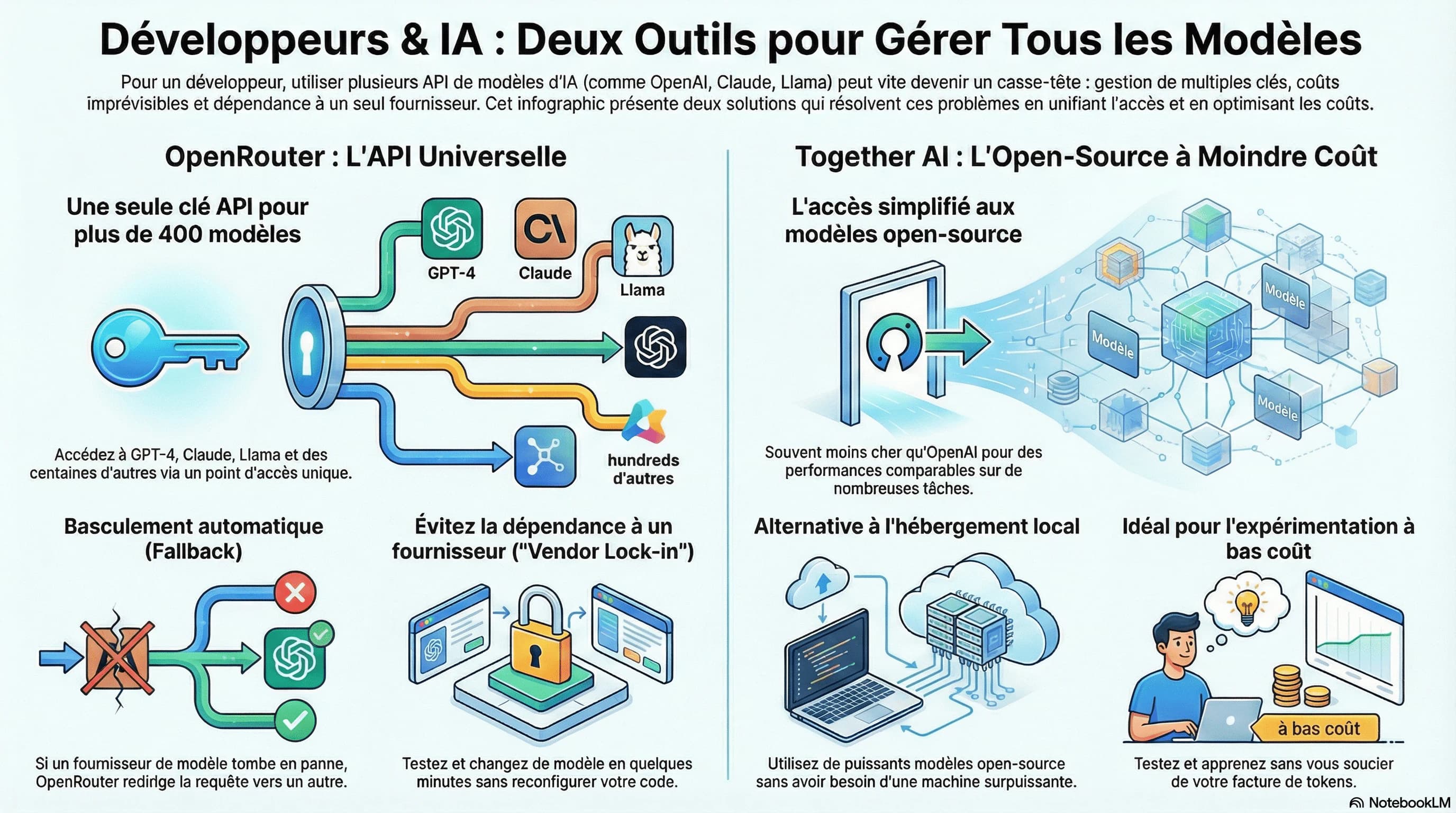 Infographic, in French: OpenRouter shown as a single key opening onto GPT-4, Claude, Llama and hundreds of other models with automatic failover; Together AI shown as access to open-source models at lower cost.