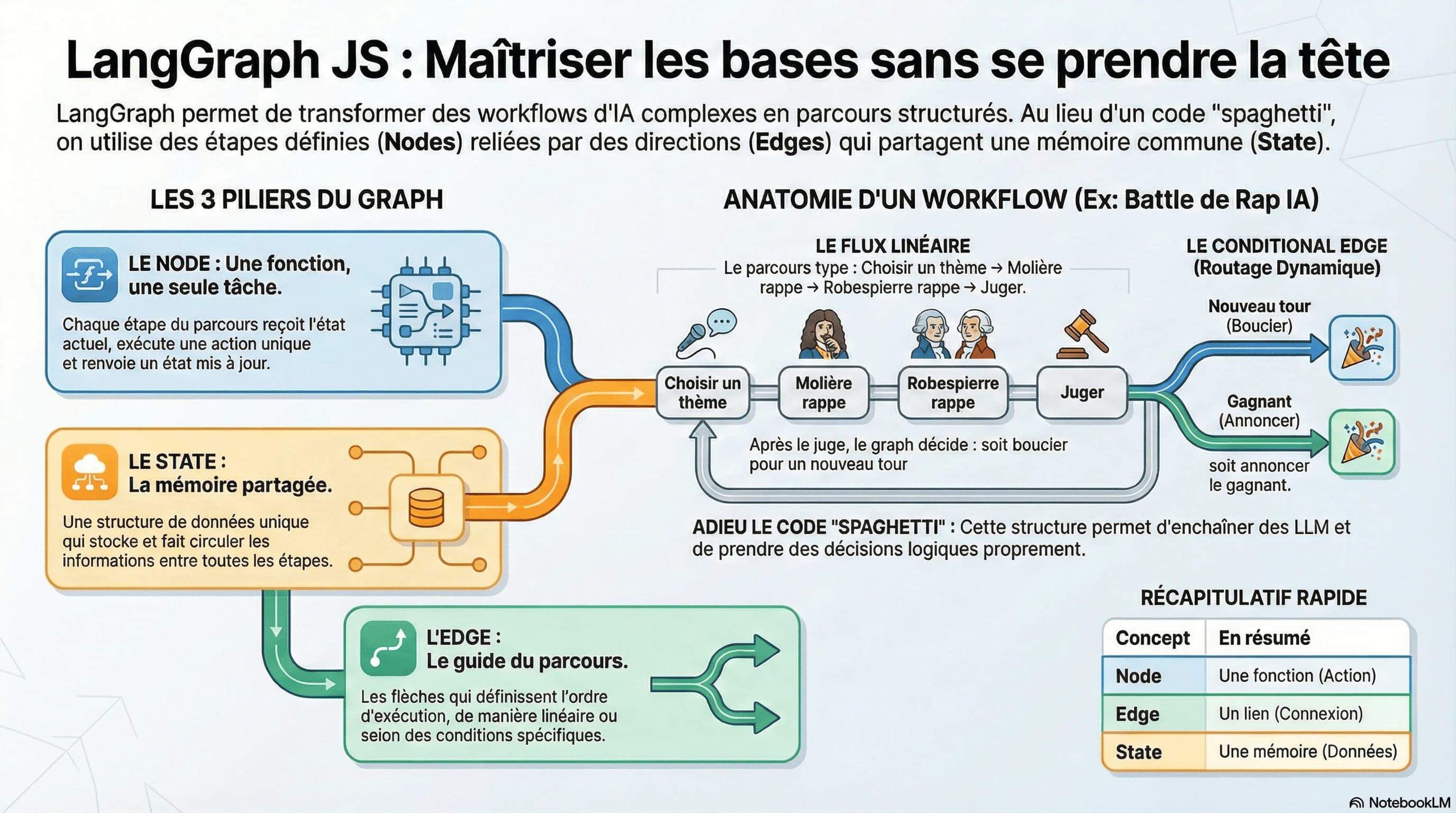 Infographic, in French: the three pillars of a LangGraph graph — the Node as a single-task function, the State as shared memory, the Edge as the route guide — plus the anatomy of the rap battle workflow with its conditional edge.