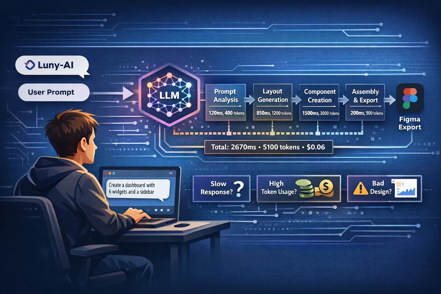 Illustration: a user prompt goes through an LLM and then four stages — prompt analysis, layout generation, component creation, assembly and export — each one measured in milliseconds and tokens, all the way to the Figma export.