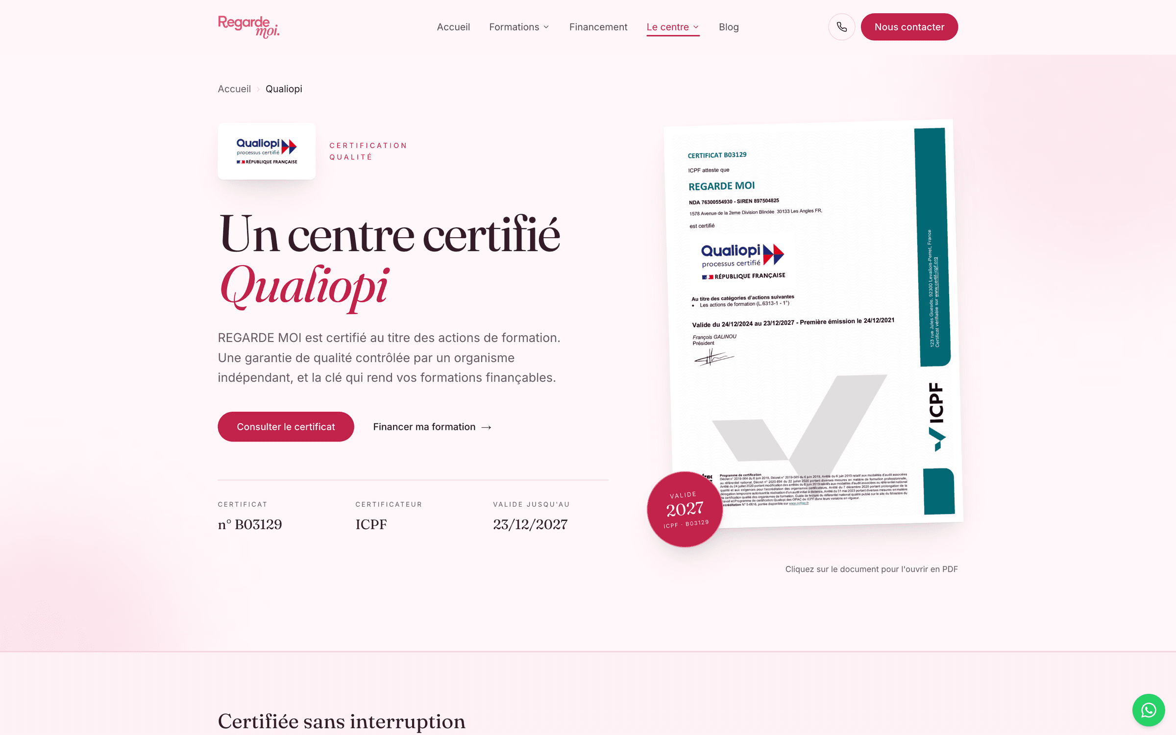 The certification, shown
